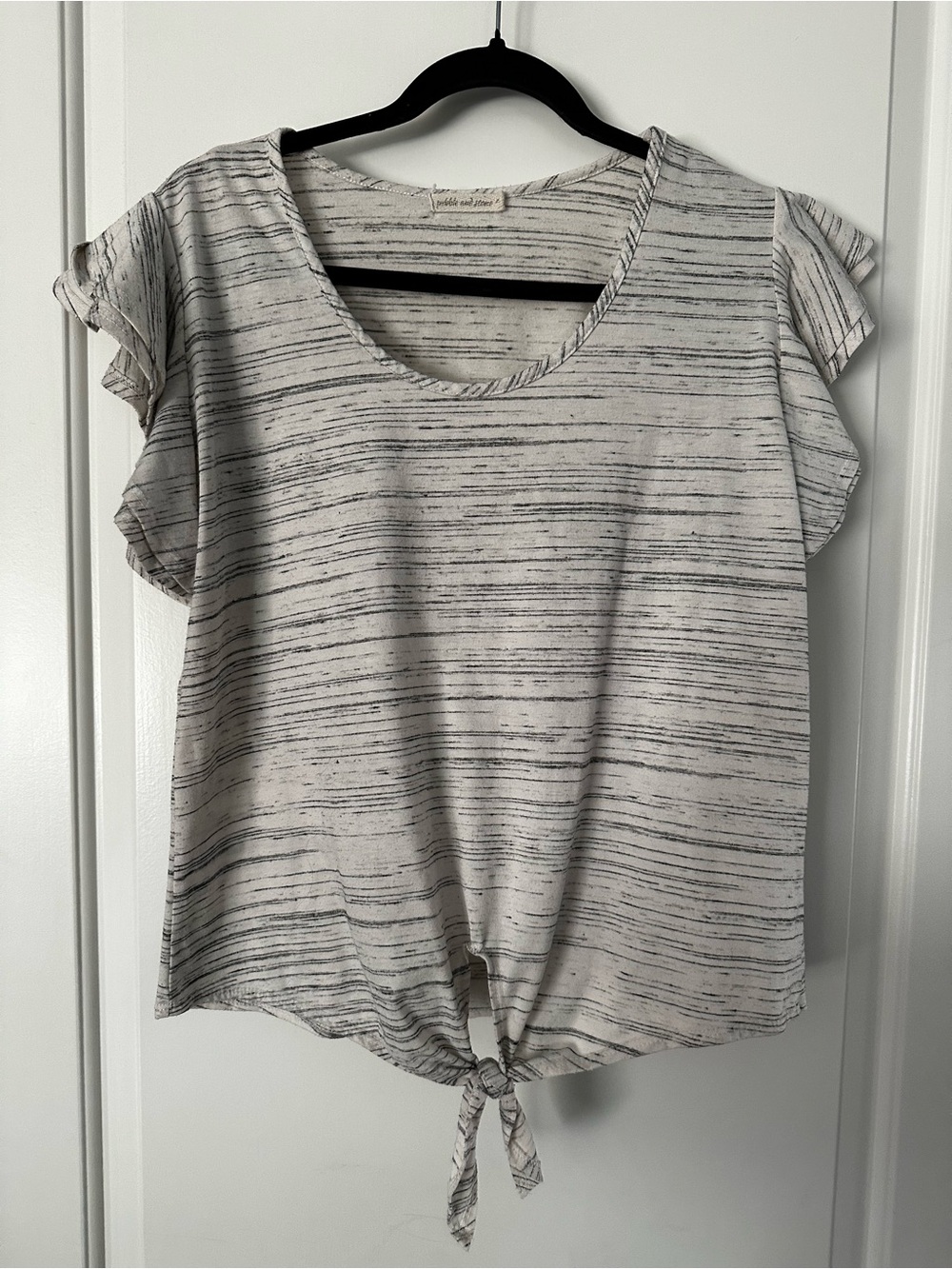 pebble and stone Light Gray Striped Tie-Front Short Sleeve Top
